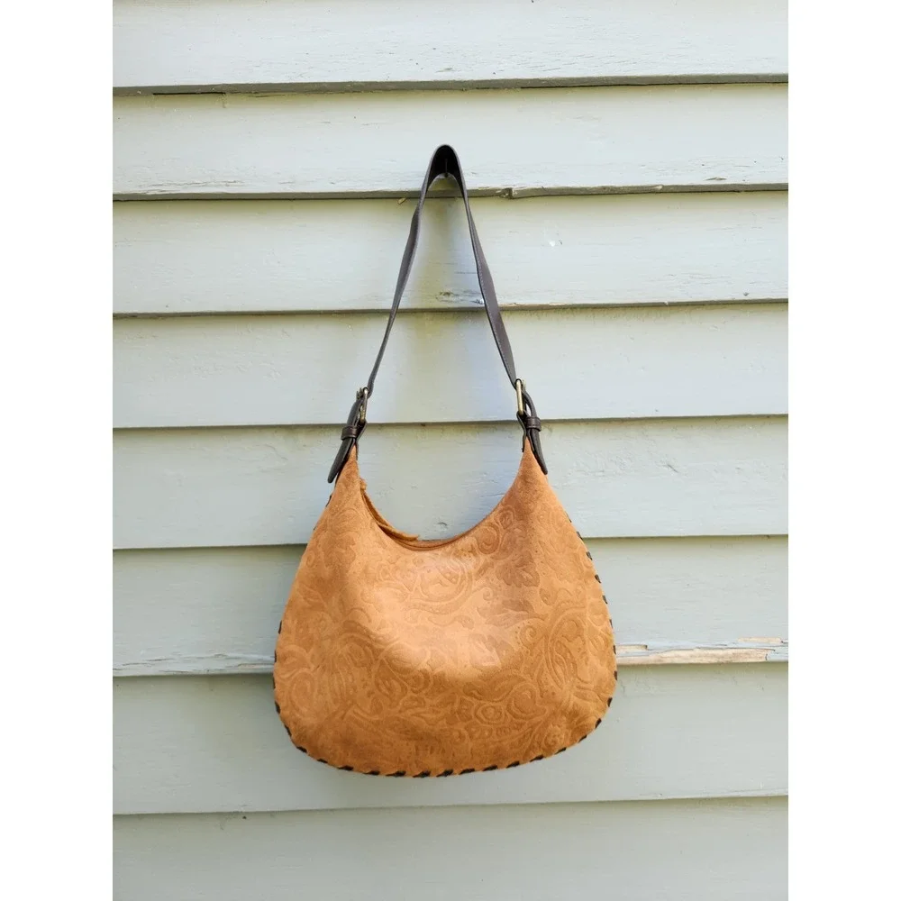 Vintage Y2K Bisou Bisou Hobo Bag Tan Suede Paisley Embossed Whipstitch Medium
